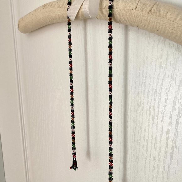 Hungarian Skinny Beaded Scarf Necklace with Black, Green, Red, White Bead Detail - Picture 2 of 12